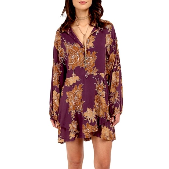 Free People Shake It Floral Mini Shirt Dress in Berry Combo XS - Picture 1 of 6